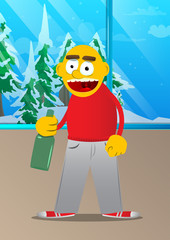 Yellow man holding a bottle. Vector cartoon illustration.