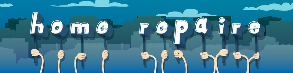 Diverse hands holding letters of the alphabet created the word Home Repair. Vector illustration.