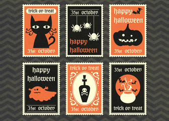 Happy halloween vector greeting card set.