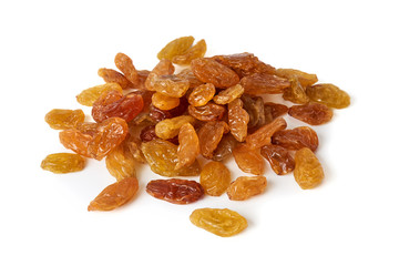 Heap of yellow raisins isolated on white background