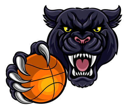 Black Panther Holding Basket Ball Mascot