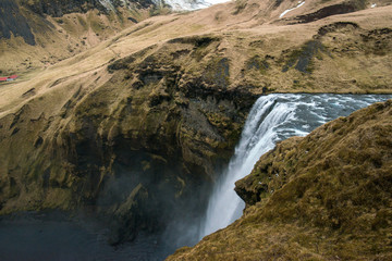 Skogafoss waterfalls view from above from observation platform, it is one of the most tourist attraction place in Iceland.
