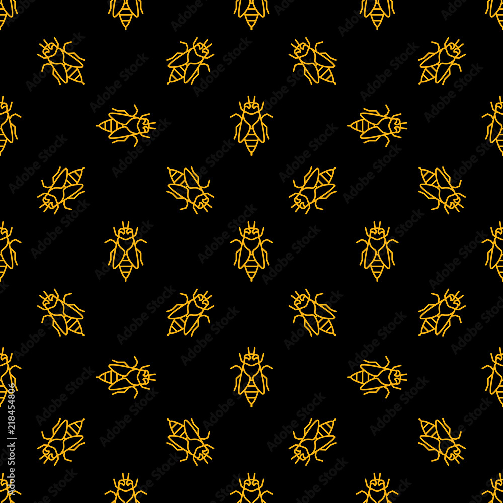 Poster bee vector dark seamless pattern in thin line style