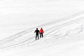 Two cross-country skiers on the trail