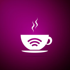 Cup of coffee shop with free wifi zone icon isolated on purple background. Internet connection placard. Flat design. Vector Illustration