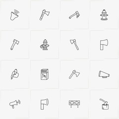 Firefighter line icon set with matches, fireplug  and loudspeaker