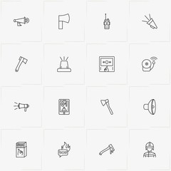 Firefighter line icon set with loudspeaker, fire alert and portable radio