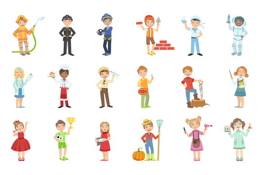 Kids With Their Future Professions Attributes Bright Color Cartoon Simple Style Flat Vector