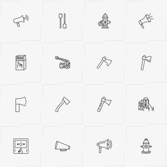 Firefighter line icon set with fireplug , loudspeaker and fire alert