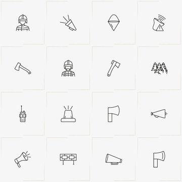 Firefighter line icon set with portable radio , fire sand bucket  and loudspeaker