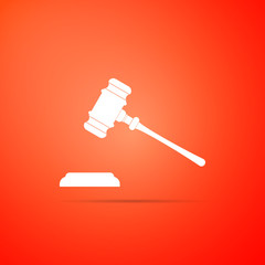 Judge gavel icon isolated on red background. Gavel for adjudication of sentences and bills, court, justice, with a stand. Auction hammer symbol. Flat design. Vector Illustration