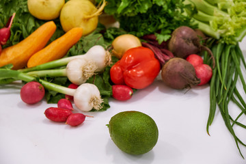 healthy foods are on the table in the kitchen.