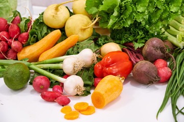 healthy foods are on the table in the kitchen.