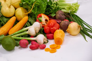 healthy foods are on the table in the kitchen.