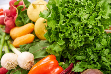 healthy foods are on the table in the kitchen.