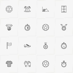 Football line icon set with football fan hat, football corner flag  and soccer ball