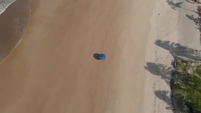 Single umbrella on the yellow sand of a desertic tropical beach
