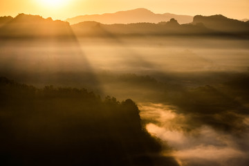 Golden sunrise shine on mountain in fog valley