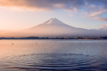Fototapeta premium Volcano mount Fuji colorful sunrise with ripple wave