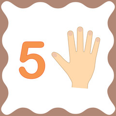 Number 5 (five), educational card, learning counting with fingers of hand, mathematics. Vector illustration.