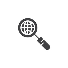 Global search vector icon. filled flat sign for mobile concept and web design. Magnifier glass with globe simple solid icon. Symbol, logo illustration. Pixel perfect vector graphics