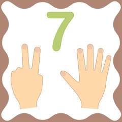 Number 7 (seven), educational card, learning counting with fingers of hand, mathematics. Vector illustration.
