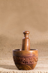 wooden mortar close up view