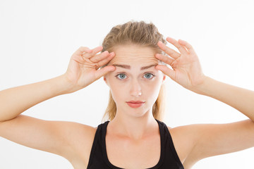 Macro wrinkles on woman forehead. Skin care concept. Copy space