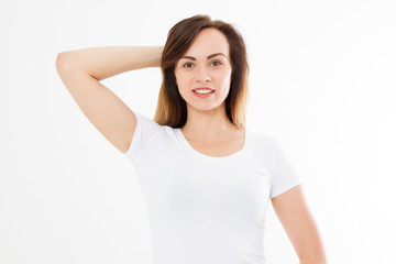 Blank white t shirt. Woman healthy body shape and skin care concept. Caucasian girl in template summer tshirt. Copy space