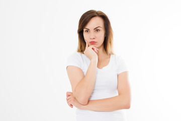 Young thinking caucasian girl isolated on white background. Copy space. Mock up. Summer woman clothes