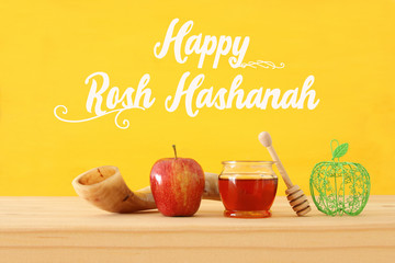 Rosh hashanah (jewish New Year holiday) concept. Traditional symbols.