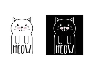 Vector funny cartoon cat. Print for t-shirt. Illustration with flat cat. Meow
