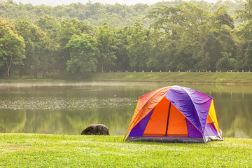 Dome tent camping at lake side