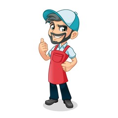 Man thumbs up with car wash apron mascot cartoon character design vector illustration