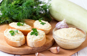 Vegetable caviar, zucchini spread. Toasted bread with vegetable caviar.