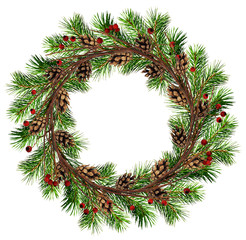 Round wreath from dry twigs and Christmas tree branches with red berries
