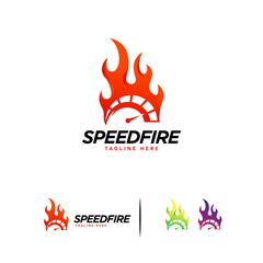 Speed and Fast Logo designs vector with fire symbol, speedometer logo designs template