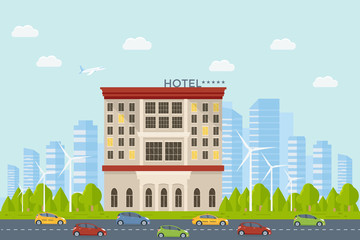 Obraz premium Expensive luxury hotel in the city, flat vector motel building