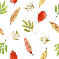 Hand drawn watercolor, Seamless autumn leaves pattern