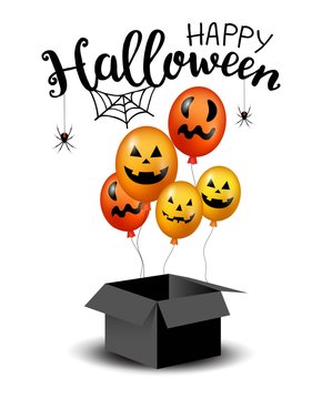 Happy halloween card with lettering and black box and cute balloons. Halloween illustration