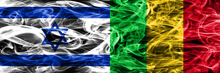 Israel vs Mali smoke flags placed side by side. Israeli and Mali flag together