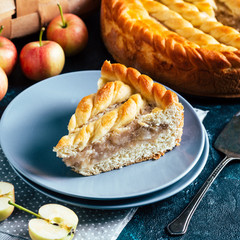 Apple pie on a blue background, sweet pastries, home cooking, piece, square