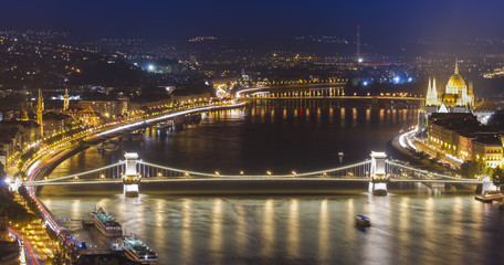 Chain Bridge in Budapest, Hungary. Night cityscape panorama
