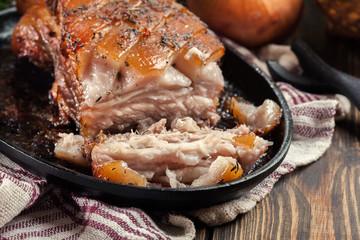 Still hot baked pork belly or bacon