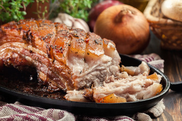 Still hot baked pork belly or bacon