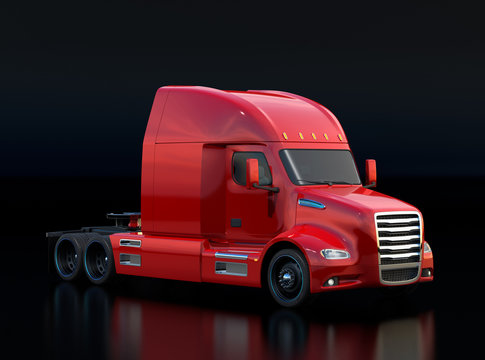Metallic red fuel cell powered American truck cabin on black background. 3D rendering image.