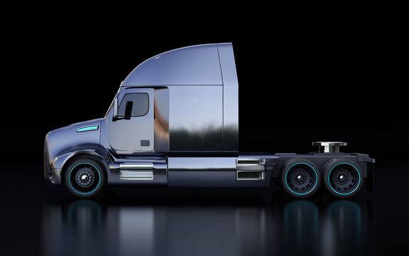 Side view of black American fuel cell powered truck cabin on black background. 3D rendering image.