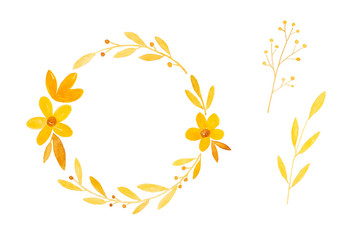 Watercolor illustration, Set of hand drawing fall, autumn flowers wreath in watercolor style isolated on white background, invitation and greeting card art design background, banner