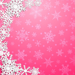 Christmas illustration with semicircle of big white snowflakes with shadows on pink background