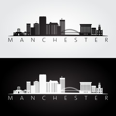 Manchester, USA skyline and landmarks silhouette, black and white design, vector illustration.